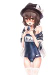  1girl alternate_costume bow brown_eyes brown_hair fuente hair_bow hat highres name_tag old_school_swimsuit open_mouth school_uniform short_hair solo swimsuit touhou usami_renko wet 