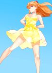  1girl bare_shoulders blue_background blue_eyes breasts choker cleavage dress earrings floating_hair from_below hair_over_one_eye hands_on_hips jewelry laio long_hair neon_genesis_evangelion orange_hair see-through shikinami_asuka_langley sky solo souryuu_asuka_langley yellow_dress 