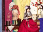  1girl 2015 artist_name bangs black_eyes black_hair boots_removed bottle chinese_knot copyright_request doily fabric feathers floral_print hair_ornament hanbok hat hat_feather hat_removed hat_ribbon headwear_removed holding holding_shoes indoors korean_clothes leaf light_smile long_sleeves looking_at_viewer mannequin maple_leaf nayoung_wooh ornament perfume_bottle pink_ribbon ribbon shoes shoes_removed silk_sheet table tassel top_hat tree_branch vase vertical_stripes watermark web_address window 