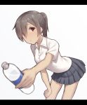  1girl blush bottle brown_hair hand_on_own_thigh looking_at_viewer mikazuchi_zeus offering original pleated_skirt polo_shirt ponytail red_eyes school_uniform short_hair skirt solo water water_bottle 