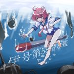  1girl battasarada battle bubble cannon commentary_request hair_ornament i-58_(kantai_collection) kantai_collection long_hair open_mouth pink_hair school_swimsuit school_uniform serafuku short_hair solo swimsuit swimsuit_under_clothes torpedo turret underwater 