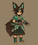  animal_ears barefoot belt brown_background brown_hair earrings eyebrows_visible_through_hair fingerless_gloves gloves green_clothes green_eyes horn jewelry jitome looking_at_viewer original pointy_ears satsumai signature simple_background solo standing tagme tail toeless_legwear 