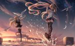  2girls absurdres arm_up bird blonde_hair building clouds copyright_request feathers floating_hair hair_ornament hair_ribbon highres jumping kicking long_sleeves mountain multiple_girls outdoors panties pantyshot pleated_skirt red_eyes ribbon school_uniform shon signature skirt sky splashing star_(sky) starry_sky sunset thigh-highs twintails underwear upskirt violet_eyes water wet 