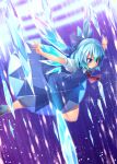  1girl absurdres blue_eyes blue_hair blush bow cirno danmaku dress grin hair_bow highres ice ice_wings icicle icicle_fall kokka_han loafers outstretched_arms see-through shoes short_hair short_sleeves smile solo touhou white_legwear wings 
