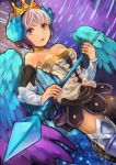  1girl arm_warmers armor armored_dress bare_shoulders blue_background blue_eyes boots choker crown earmuffs gwendolyn odin_sphere polearm purple_background short_hair skirt solo soraao_(aokabi) spear thigh-highs thigh_boots weapon white_hair wings 