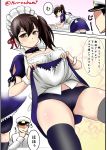  1girl admiral_(kantai_collection) alternate_costume bike_shorts blush breasts brown_hair commentary enmaided kaga_(kantai_collection) kantai_collection kuro_abamu large_breasts maid maid_headdress side_ponytail skirt skirt_lift smile thigh-highs translated 