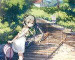  blush building cropped dress green_eyes grey_hair highres kantoku landscape leaf long_hair original railroad_tracks scan scenery sundress twintails 