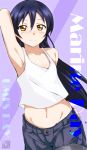  1girl arm_behind_head armpits artist_name bare_shoulders blue_hair blush brown_eyes commentary_request english hair_between_eyes long_hair love_live!_school_idol_project midriff navel shorts smile solo sonoda_umi tank_top tsuti 
