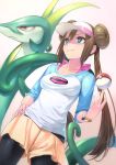  1girl blue_eyes brown_hair double_bun hair_between_eyes hand_on_hip highres long_hair mei_(pokemon) pantyhose poke_ball pokemon pokemon_(creature) pokemon_(game) pokemon_bw2 raglan_sleeves serperior shorts smile solo ts422 twintails 