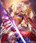  1girl armor breasts brown_eyes cleavage cleavage_cutout company_name dark_skin fantasy gauntlets greaves hair_ornament horns kazto_furuya long_hair midriff official_art original shingoku_no_valhalla_gate shoulder_spikes solo spikes sword weapon white_hair 