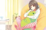  1girl bean_bag blush brown_eyes brown_hair cup curtains doll_hug hoodie kuu-doll leg_lock nail_polish_bottle no_shoes plant potted_plant red_legwear sasamori_tomoe sitting smile solo striped striped_legwear stuffed_animal stuffed_frog stuffed_toy table thigh-highs watering_can 