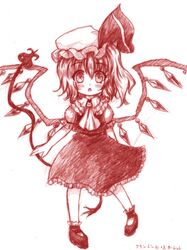  1girl ascot blush bow flandre_scarlet hat hat_bow laevatein mob_cap monochrome open_mouth solo touhou wings yuran_(kuen-hien) 