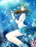  artist_name bishoujo_senshi_sailor_moon bow bow_(instrument) bubble circlet closed_eyes coral gloves green_hair high_heels instrument kaiou_michiru miniskirt playing_instrument pleated_skirt sailor_neptune shirataki_kaiseki signature sitting skirt underwater violin white_gloves 