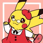  :3 bag beret buttons costume dress glasses handbag hat lowres neck_ribbon pikachu pink_background pokemon pokemon_(creature) red_dress red_hat ribbon simple_background solo waving zrae 