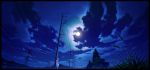  1girl black_border border clouds commentary_request full_moon grass horizon moon night night_sky original outdoors scenery sky solo star_(sky) technoheart telephone_pole transmission_tower tree 