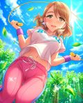  1girl artist_request brown_hair clouds from_below green_eyes idolmaster idolmaster_cinderella_girls jewelry jump_rope jumping leaf long_hair midriff navel necklace official_art open_mouth pants solo sweatdrop sweatpants w_arms wristband yanagi_kiyora 