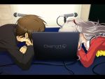  1boy 1girl brown_hair charlotte_(anime) commentary computer gakuran hidden_face laptop letterboxed long_hair microphone otosaka_yuu sailor_collar school_uniform seiyuu_connection side_ponytail silver_hair tomori_nao xiule 