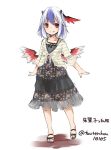  1girl alternate_costume bird_wings black_dress blue_hair casual contemporary cropped_jacket dress head_wings horns multicolored_hair red_eyes silver_hair smile solo tokiko_(touhou) touhou toutenkou two-tone_hair wings 