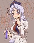  /\/\/\ adapted_costume blue_eyes blush breasts commentary_request cork doctor hat index_finger_raised kokoyashi labcoat large_breasts lavender_hair long_hair nurse_cap test_tube touhou very_long_hair yagokoro_eirin 
