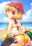  1girl aki_minoriko alternate_costume arm_strap ass beach bikini blonde_hair blush breasts clouds food fruit fun_bo grapes hat red_eyes short_hair side-tie_bikini sitting skirt skirt_around_one_leg sky solo swimsuit symbol-shaped_pupils touhou undressing wariza watermark yellow_bikini 