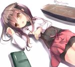  1girl bike_shorts blush brown_eyes brown_hair dated headband headgear kantai_collection long_sleeves lying open_mouth pleated_skirt short_hair skirt solo taihou_(kantai_collection) twitter_username white_background yonjyuugo 