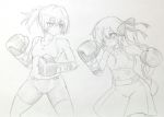  bike_shorts boxing boxing_gloves boxing_shorts bruise character_request commentary_request destroyer_hime injury kantai_collection monochrome motion_blur multiple_girls ponytail shinkaisei-kan shiranui_(kantai_collection) short_hair sports_bra traditional_media tyatyasaburou wince 