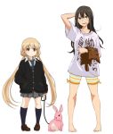  2girls 71 arm_behind_head barefoot bike_shorts black_hair black_legwear blonde_hair blush brown_eyes clothes_writing collar cosplay costume_switch dog_collar full_body futaba_anzu futaba_anzu_(cosplay) green_eyes hand_in_pocket idolmaster idolmaster_cinderella_girls kneehighs leash loafers long_hair looking_at_viewer low_twintails multiple_girls necktie open_mouth pleated_skirt rabbit school_uniform shibuya_rin shibuya_rin_(cosplay) shoes simple_background skirt striped striped_bike_shorts stuffed_animal stuffed_dog stuffed_toy sweatdrop t-shirt twintails white_background you_work_you_lose 