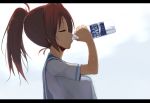  1girl bottle brown_hair closed_eyes dripping hibike!_euphonium long_hair nakagawa_natsuki pocari_sweat ponytail school_uniform serafuku solo sweat tsuru_(tsubasa1993621) 