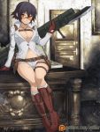  1girl armpit_holster bayonet bazooka black_hair blue_eyes boots breasts brown_gloves cleavage cross-laced_footwear desk devil_may_cry devil_may_cry_4 glasses gloves heterochromia highres holster knee_boots kneehighs lace-up_boots lady_(devil_may_cry) large_breasts navel no_bra red_eyes rimless_glasses scar shooting_glasses short_hair short_shorts shorts sitting smile solo spike_wible sunglasses thigh_gap watermark weapon web_address 