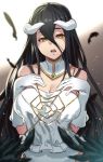  1girl albedo black_hair black_wings breasts cleavage detached_collar gloves hands_on_own_chest horns houtengeki long_hair looking_at_viewer open_mouth overlord_(maruyama) solo teeth white_gloves wings yellow_eyes 