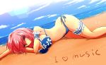  1girl arm_cuffs backlighting beach bikini blue_sky breasts clouds english floral_print head_on_arm heart hips large_breasts legs lens_flare lying navel nekominase ocean on_side perspective pink_eyes pink_hair saigyouji_yuyuko sand sky smile solo sparkle stomach swimsuit thigh_strap thighs touhou 