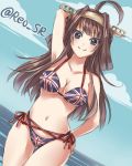  1girl ahoge ass_visible_through_thighs bikini breasts brown_hair cleavage kantai_collection kongou_(kantai_collection) long_hair lowres navel nekoyanagi_reo ocean solo swimsuit thigh_gap twitter_username union_jack 