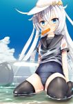  1girl absurdres blue_eyes commentary_request ebi_(il14021) hat hibiki_(kantai_collection) highres kantai_collection long_hair popsicle school_swimsuit shirt silver_hair sitting solo swimsuit verniy_(kantai_collection) wariza wet wet_clothes wet_shirt wet_t-shirt 