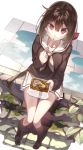  1girl ahoge ascot black_legwear bow box brown_hair chopsticks chopsticks_in_mouth clouds eating food hair_bow kneehighs koto_(kyousougiga) kyousougiga leaf loafers long_hair long_sleeves looking_at_viewer mayonezumi moss noodles outdoors pale_skin puddle red_bow red_eyes school_uniform serafuku shoes sitting skirt sleeves_past_wrists solo stone sweater udon very_long_hair water white_skirt 