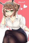  1girl bespectacled bracelet breasts brown_hair cleavage contemporary crossed_legs glasses green_eyes hairband heart jewelry kantai_collection kase_daiki looking_at_viewer mutsu_(kantai_collection) pantyhose short_hair sitting solo 