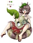 1girl :d animal_ears brown_hair color_guide full_body futatsuiwa_mamizou glasses huyusilver leaf leaf_on_head oota_jun&#039;ya_(style) open_mouth raccoon_ears raccoon_tail red_eyes short_hair simple_background sitting_on_tail skirt smile solo tail touhou white_background