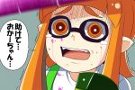  1girl commentary_request domino_mask fangs inkling long_hair mask nishi_koutarou open_mouth orange_eyes orange_hair pointy_ears scared solo splatoon tears tentacle_hair translated trembling 