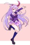  1girl ;d absurdres animal_ears blazer breasts bunny_tail clenched_hand collared_shirt dancing full_body head_tilt highres legs loafers long_hair miniskirt necktie one_eye_closed open_mouth pose purple_hair rabbit_ears reisen_udongein_inaba shirt shoes skirt smile socks solo standing_on_one_leg tail tanakara touhou very_long_hair violet_eyes waving 