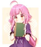  1girl ahoge blush book chestnut_mouth cross cross_necklace diagonal_stripes dress flying_sweatdrops frilled_sleeves frills gakkou_gurashi! holding holding_book iwaoka_(sikabanenomiti_park) long_hair low_ponytail pink_hair polka_dot purple_dress red_eyes sakura_megumi sidelocks solo sweatdrop 