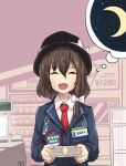  1girl alternate_costume bow brown_hair closed_eyes convenience_store fuente hair_bow hat money moon necktie night open_mouth shop short_hair skirt smile solo touhou usami_renko 