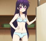  1girl black_hair blush bra breasts cleavage ebisuzawa_kurumi gakkou_gurashi! hand_on_hip long_hair navel panties screencap small_breasts smile solo standing stitched underwear very_long_hair violet_eyes 