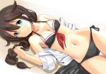  1girl bikini blue_eyes braid breasts brown_hair cleavage cowboy_shot hair_flaps hair_ornament kantai_collection looking_at_viewer lying navel on_side shigure_(kantai_collection) side-tie_bikini single_braid smile solo swimsuit tagme taishi_(moriverine) thigh_gap wet wet_clothes wet_swimsuit 