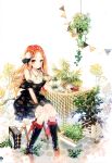  1girl absurdres boots brown_eyes brown_hair chair cherrypin dress highres plant potted_plant sitting table tagme 