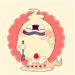  adenade blush cake closed_eyes eating food food_on_face fork fruit ghost no_humans plate purple_lips simple_background solo sparkle strawberry strawberry_shortcake whisper_(youkai_watch) youkai youkai_watch 