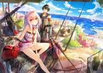  1boy 1girl bare_shoulders bird black_hair fuumi_(radial_engine) harbor long_hair motor_vehicle motorcycle original pink_eyes pink_hair short_hair sky sword vehicle water weapon 