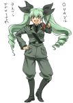  &gt;:d 1girl :d anchovy belt black_boots black_necktie black_ribbon boots drill_hair fangs full_body girls_und_panzer green_hair hair_ribbon hand_on_hip holding long_hair long_sleeves necktie open_mouth orange_eyes pants pointer ribbon simple_background smile solo standing tks_(chikuwa) twin_drills twintails white_background 