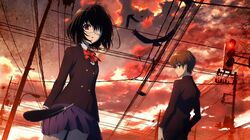  1boy 1girl another bird black_hair brown_hair clouds cloudy_sky eyepatch feathers highres looking_at_viewer misaki_mei red_eyes sakakibara_kouichi sky traffic_light 