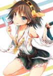  1girl bare_shoulders brown_hair detached_sleeves flipped_hair hairband hiei_(kantai_collection) japanese_clothes kantai_collection legwear_removed nontraditional_miko plaid popsicle short_hair skirt solo suneo 