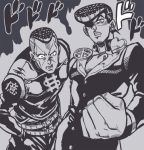  96kuroie angry araki_hirohiko_(style) aura clenched_hand earrings from_below gakuran hands_in_pockets higashikata_jousuke jewelry jojo_no_kimyou_na_bouken monochrome multicolored_hair nijimura_okuyasu pompadour school_uniform two-tone_hair 