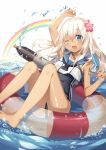  1girl :o blue_eyes blush flower hair_flower hair_ornament kantai_collection lifebuoy long_hair one_eye_closed popsicle rainbow rie_(reverie) ro-500_(kantai_collection) school_swimsuit simple_background solo swimsuit tan tanline torpedo water water_droplets white_background white_hair 